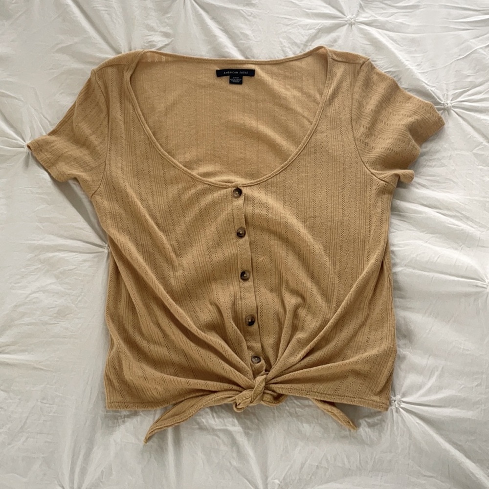american eagle yellow button up tie front top